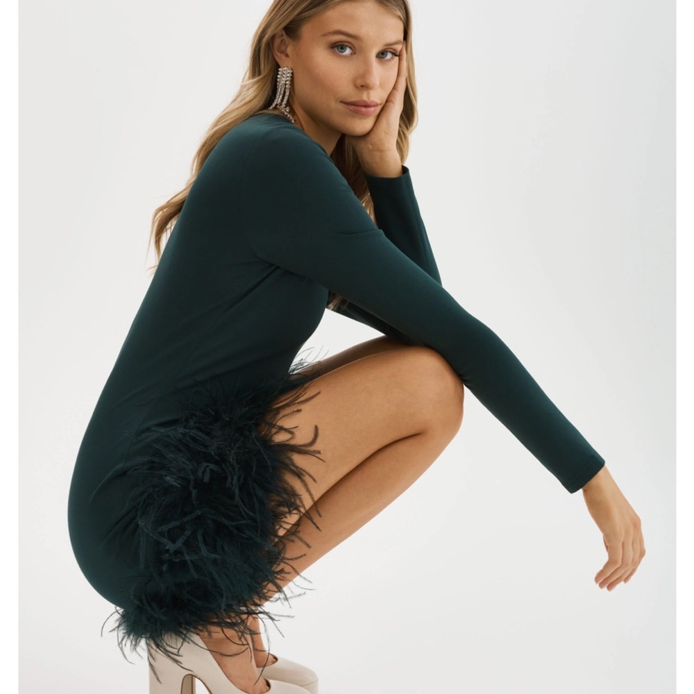 Lamarque Deep Teal Long-Sleeve Feather Hem Dress